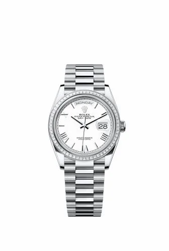 Rolex Day-Date 36 Platinum - Baguette / White - Roman / President 128396TBR-0018 (m128396tbr-0018)